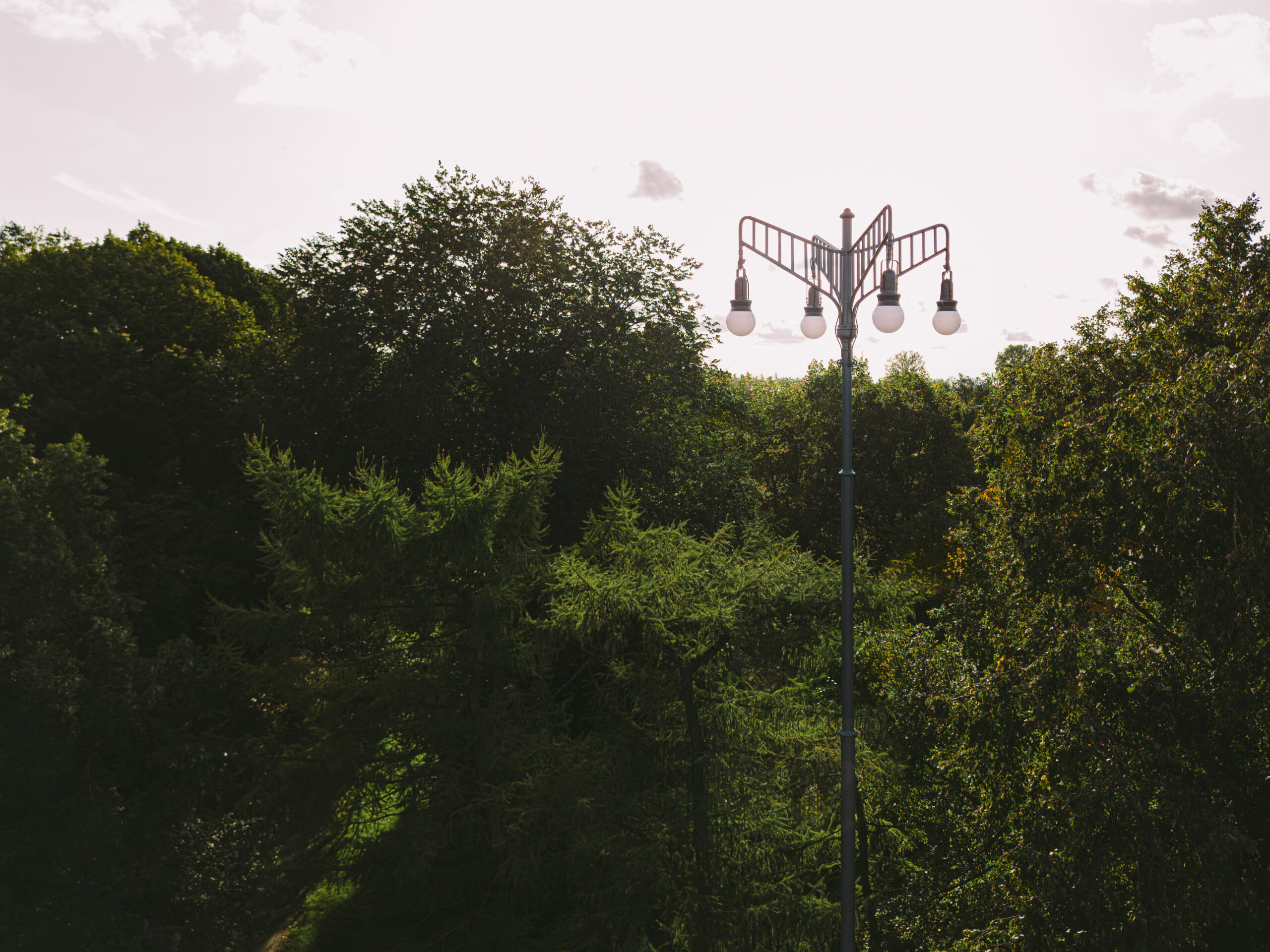 Historical outdoor public space park lighting with a background of trees and greenery at the daytime.