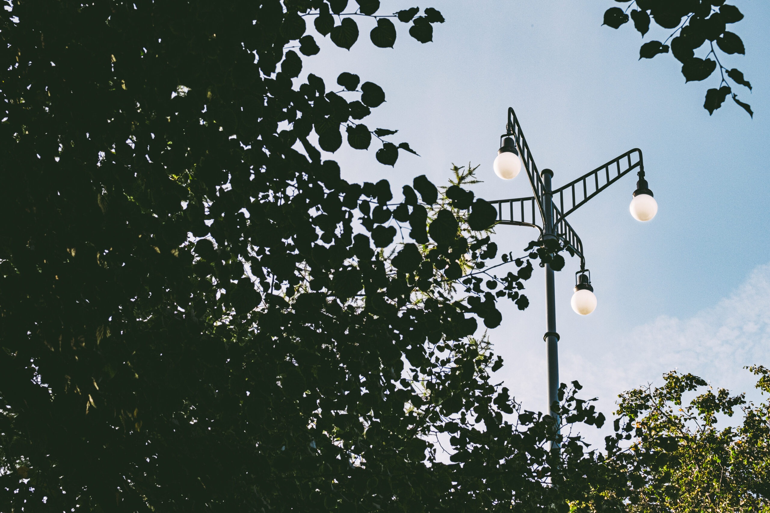 A view from the ground up to a historical outdoor park light on a sunny summer day with blue sky and green trees.