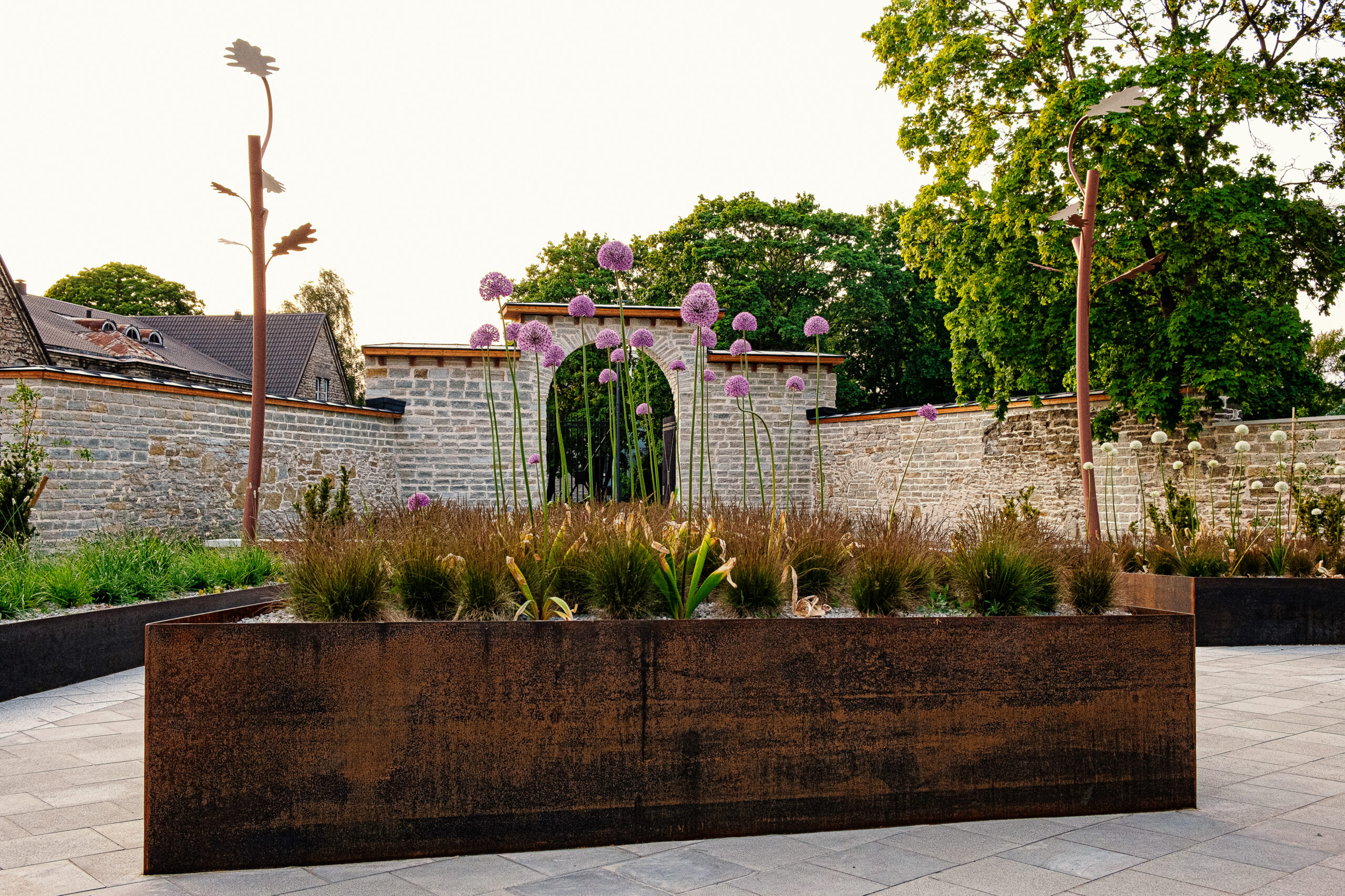 Modern garden with purple flowers, outdoor space pole oak tree shaped lights, a stone wall, featuring a serene atmosphere.