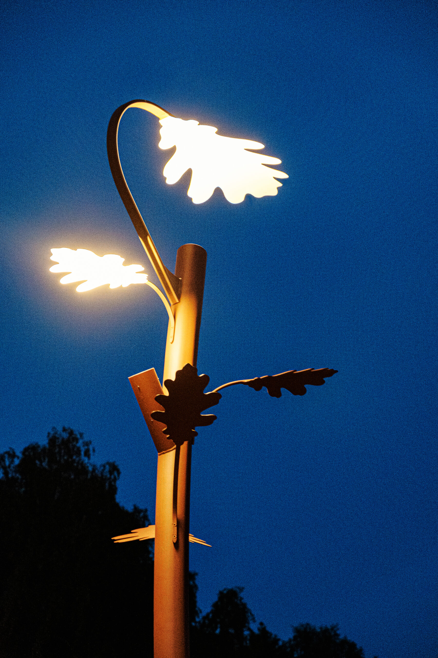 Close-up of a metal oak tree-shaped custom outdoor lighting fixture in public space with illuminated leaves at night against a deep blue sky background