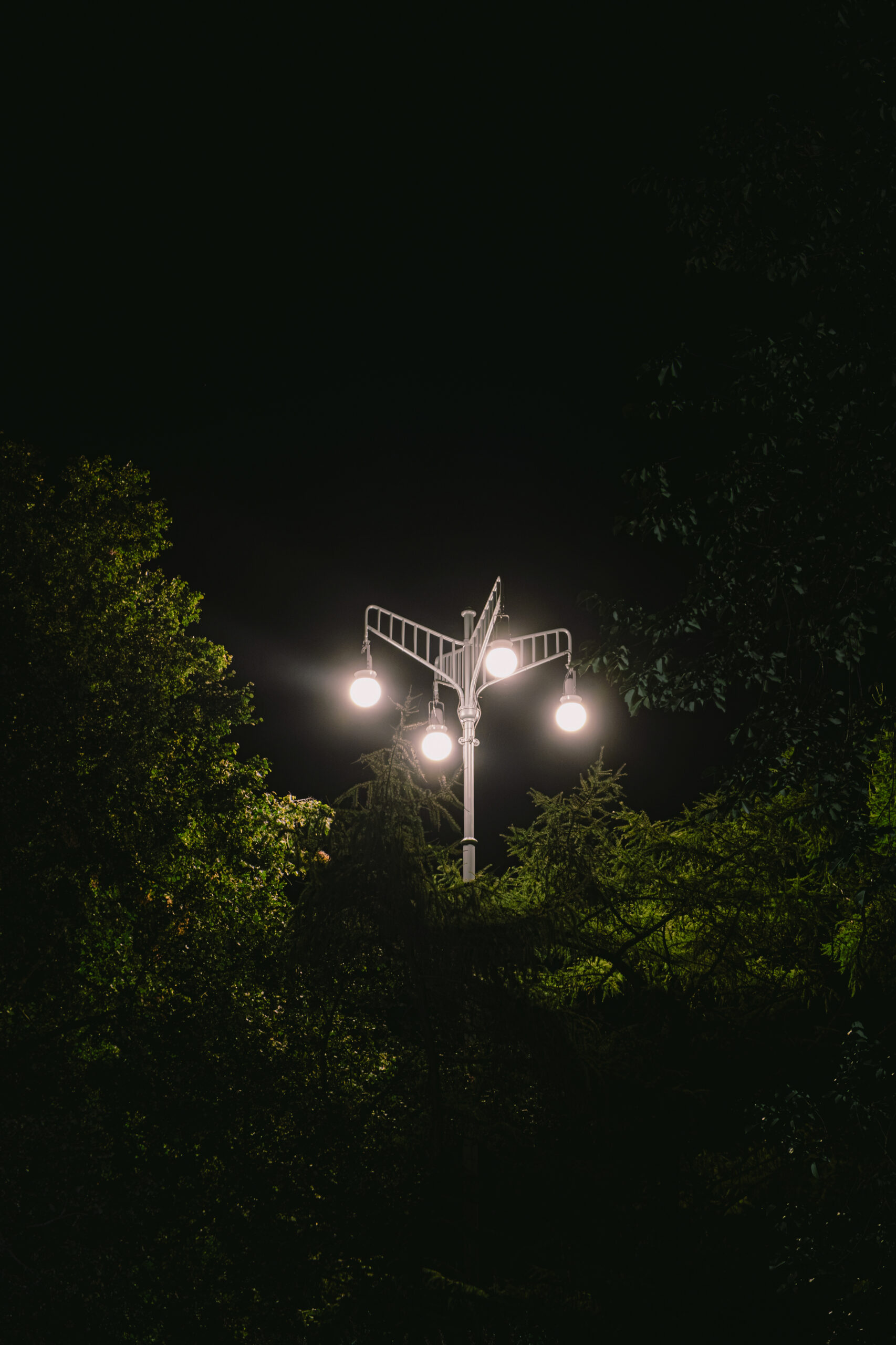 A view from the ground up to an illuminated historical public space outdoor light at night.