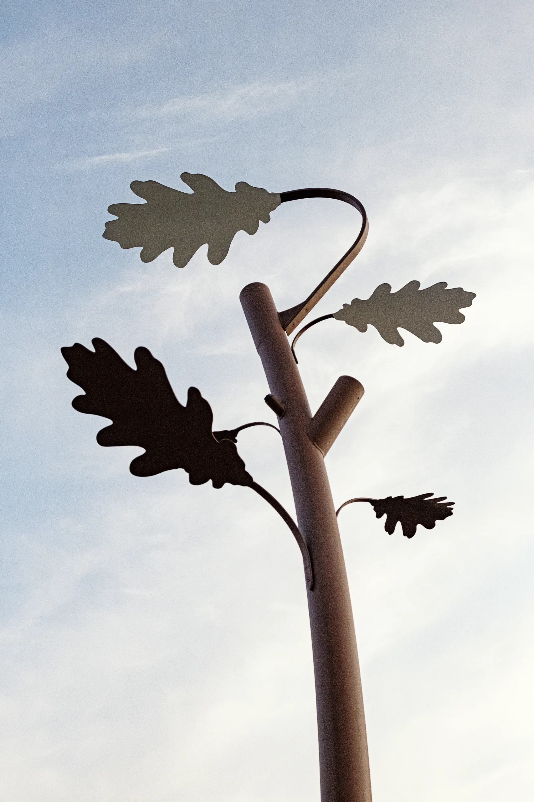 Close-up of a custom oak tree-shaped outdoor light fixture with leaf designs against a clear sky.