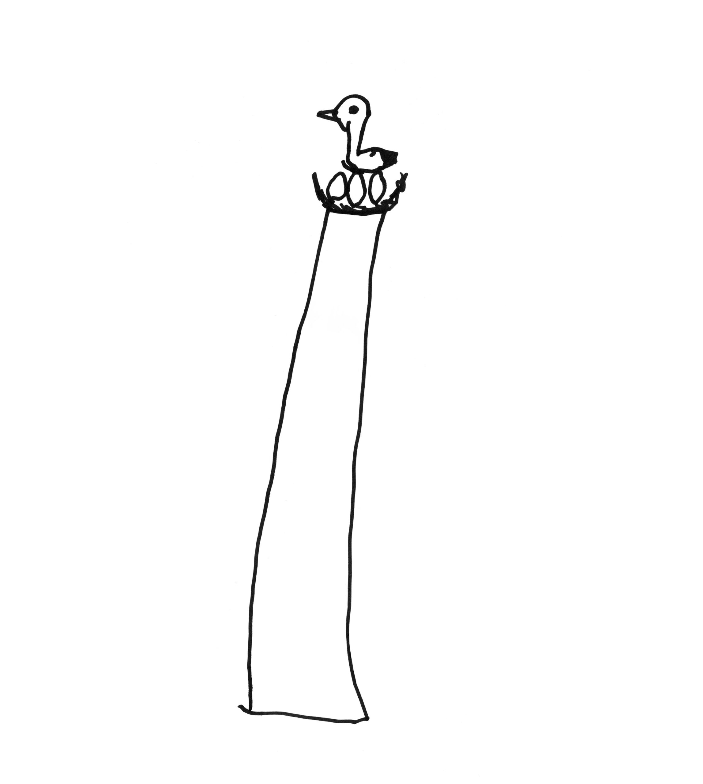 Black and white sketch of a tall pole with a bird sitting in a nest at the top drawn by a child