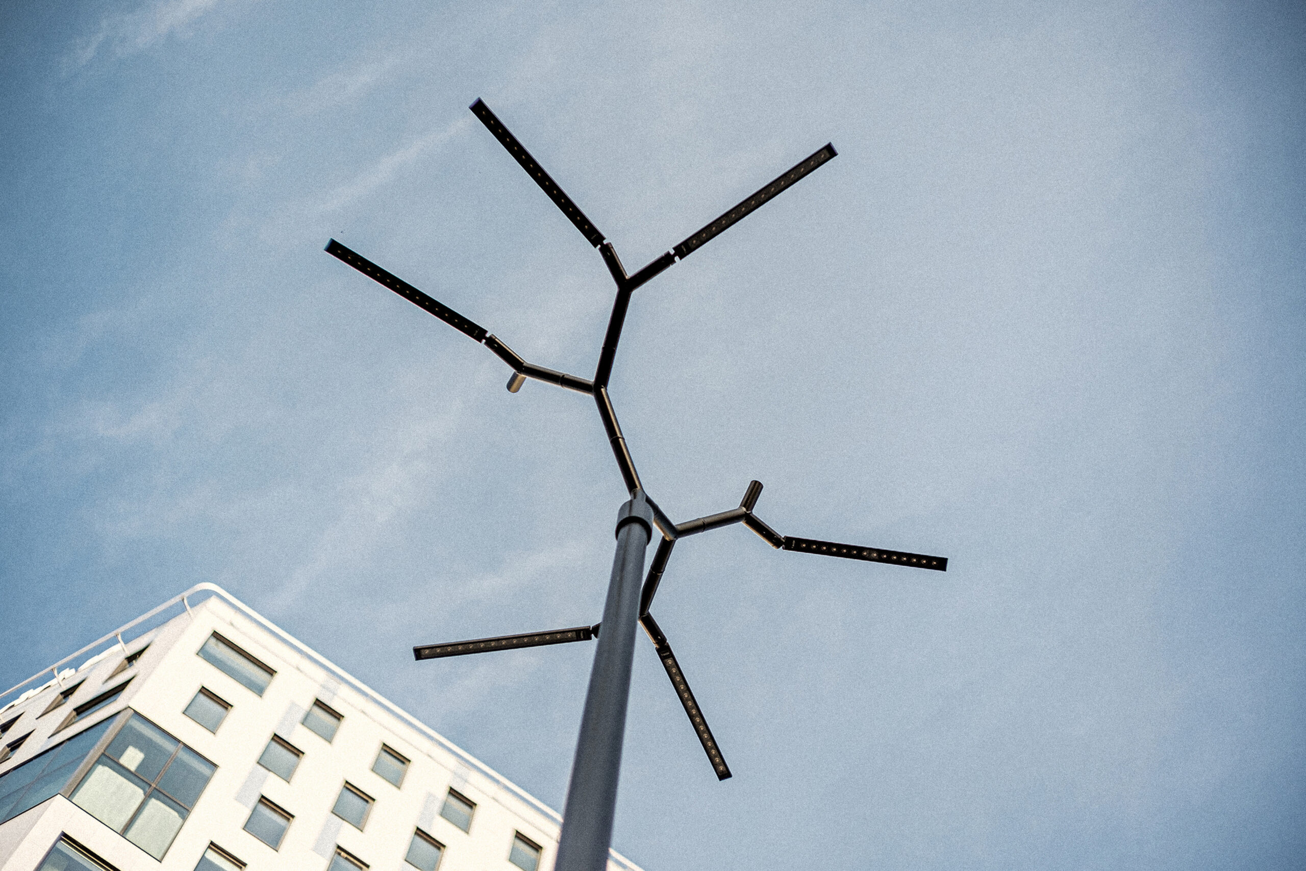 Branch luminaire head with tree-like arms holding LED strips against a blue sky, Paju, Tartu