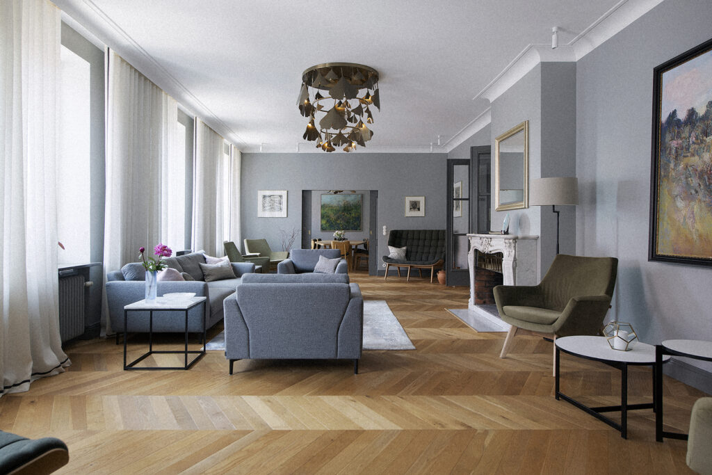 Ginko custom nature-inspired chandelier of brass ginkgo leaves in a Stockholm living room