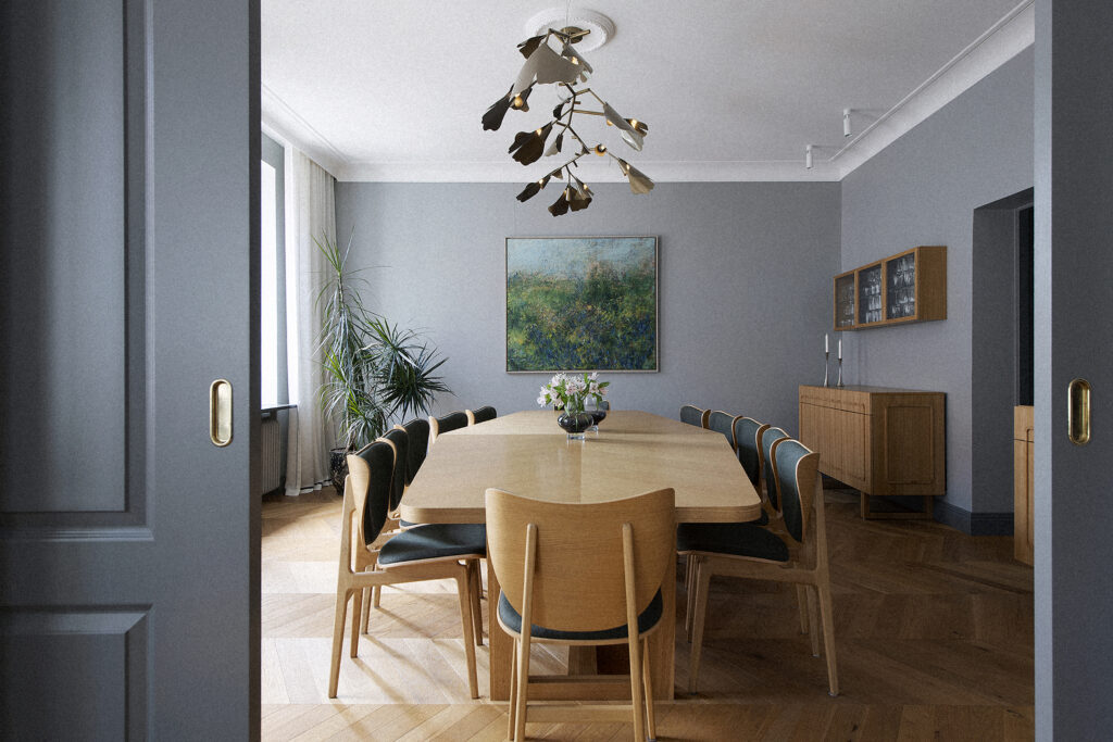 ranching Ginko chandelier over the oak dining table in a Stockholm residence