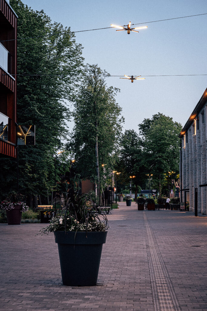 Catenary lighting in Tallinn at blue hour, two Blackbird lights glowing above the Krulli Park street and its planters