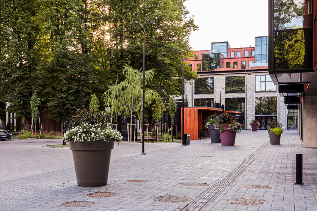 Two Branch luminaires over a paved square with flower planters, the Corten bike shelter, and the limestone factory behind